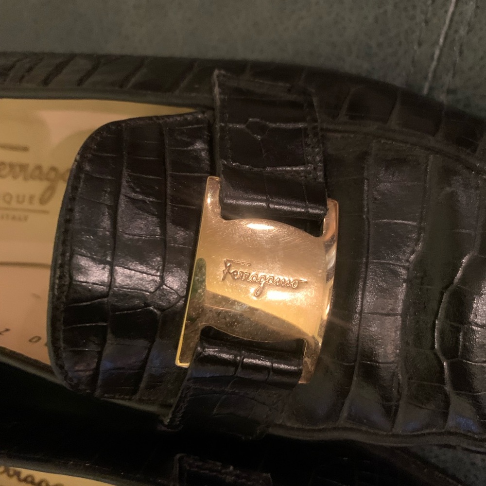 Ferragamo Black Croc Embossed Loafers with Gold Buckle - Picture 2 of 9